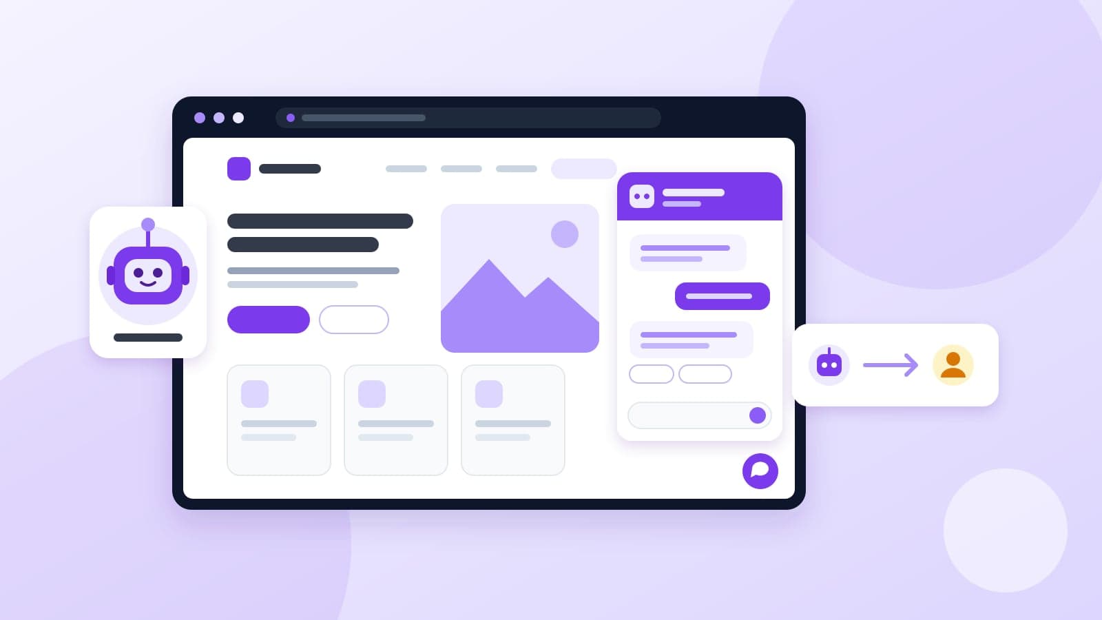 Illustration of a website with an open chat widget, a bot avatar and a handoff to a person