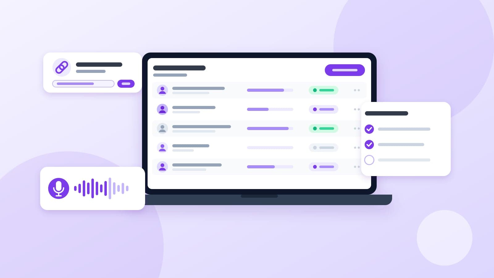 Illustration of a candidate list on a laptop with an invite link, a voice waveform and a checklist