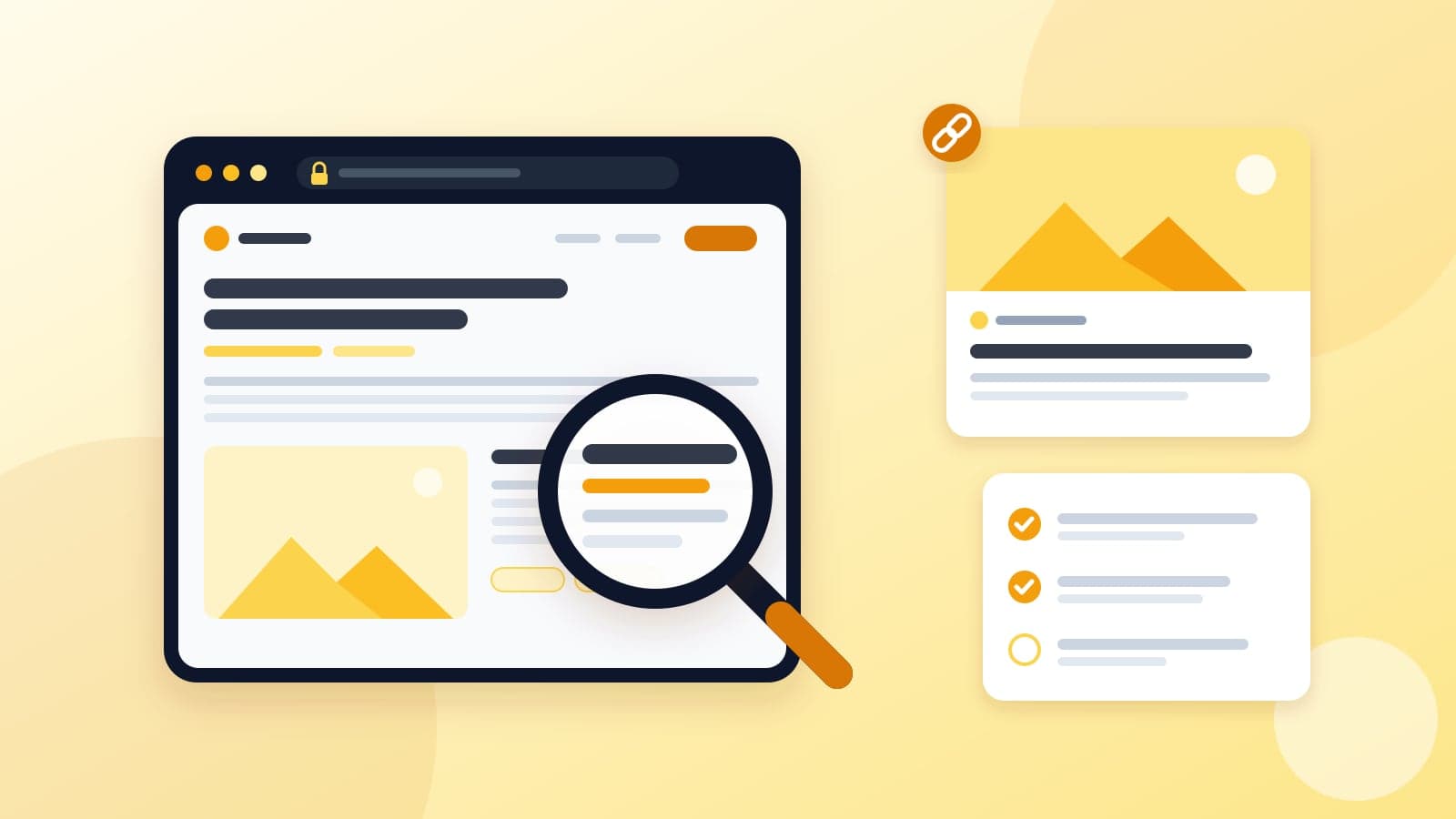Illustration of a magnifying glass over a web page, with a link preview card and a checklist