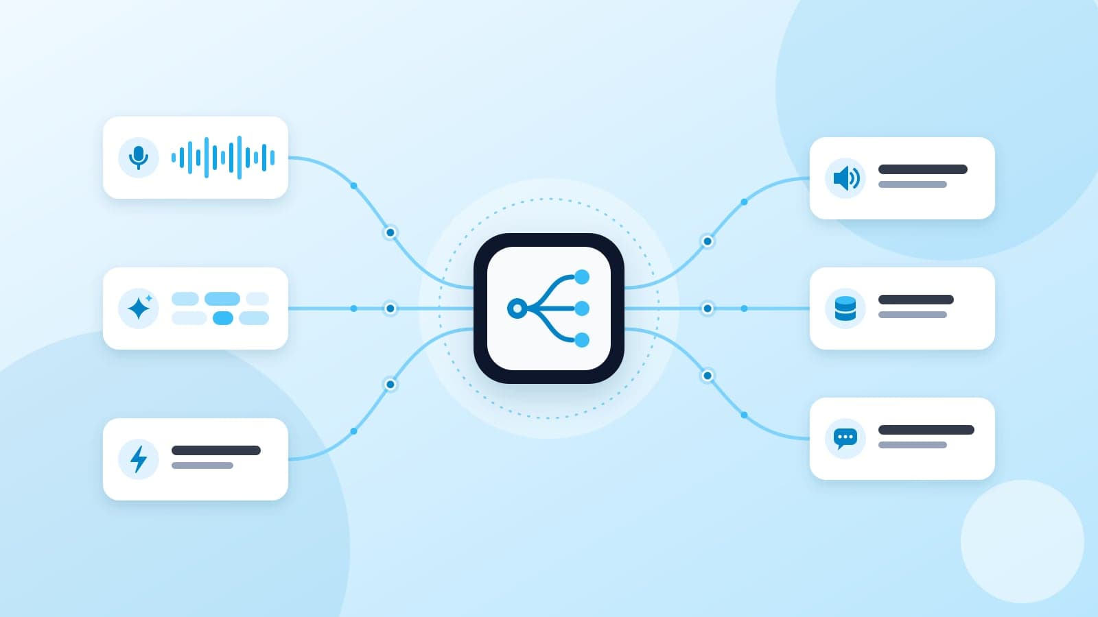 Illustration of voice, token and webhook streams flowing through a central routing hub