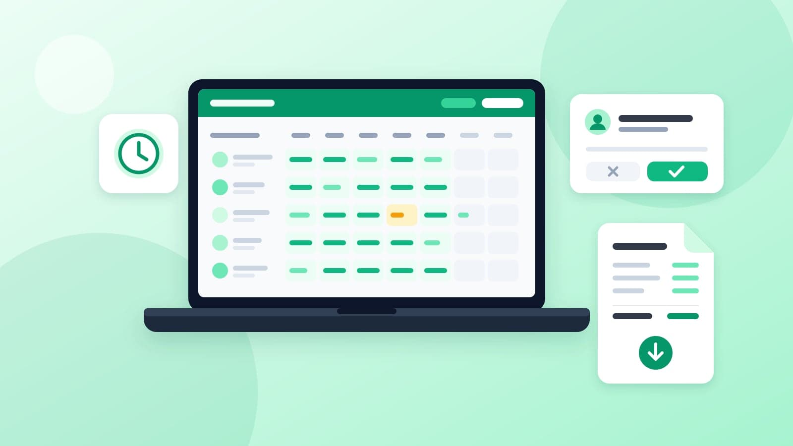 Illustration of a timesheet on a laptop with an approval card and a payroll export