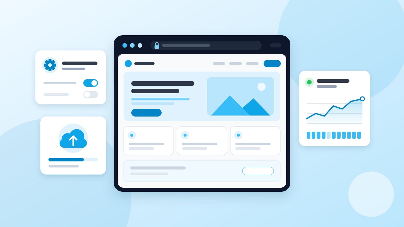 Illustration of a website in a browser with settings, backup and uptime cards