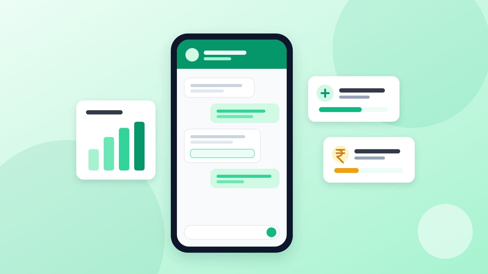 Illustration of a business chat on a phone beside cost and usage cards
