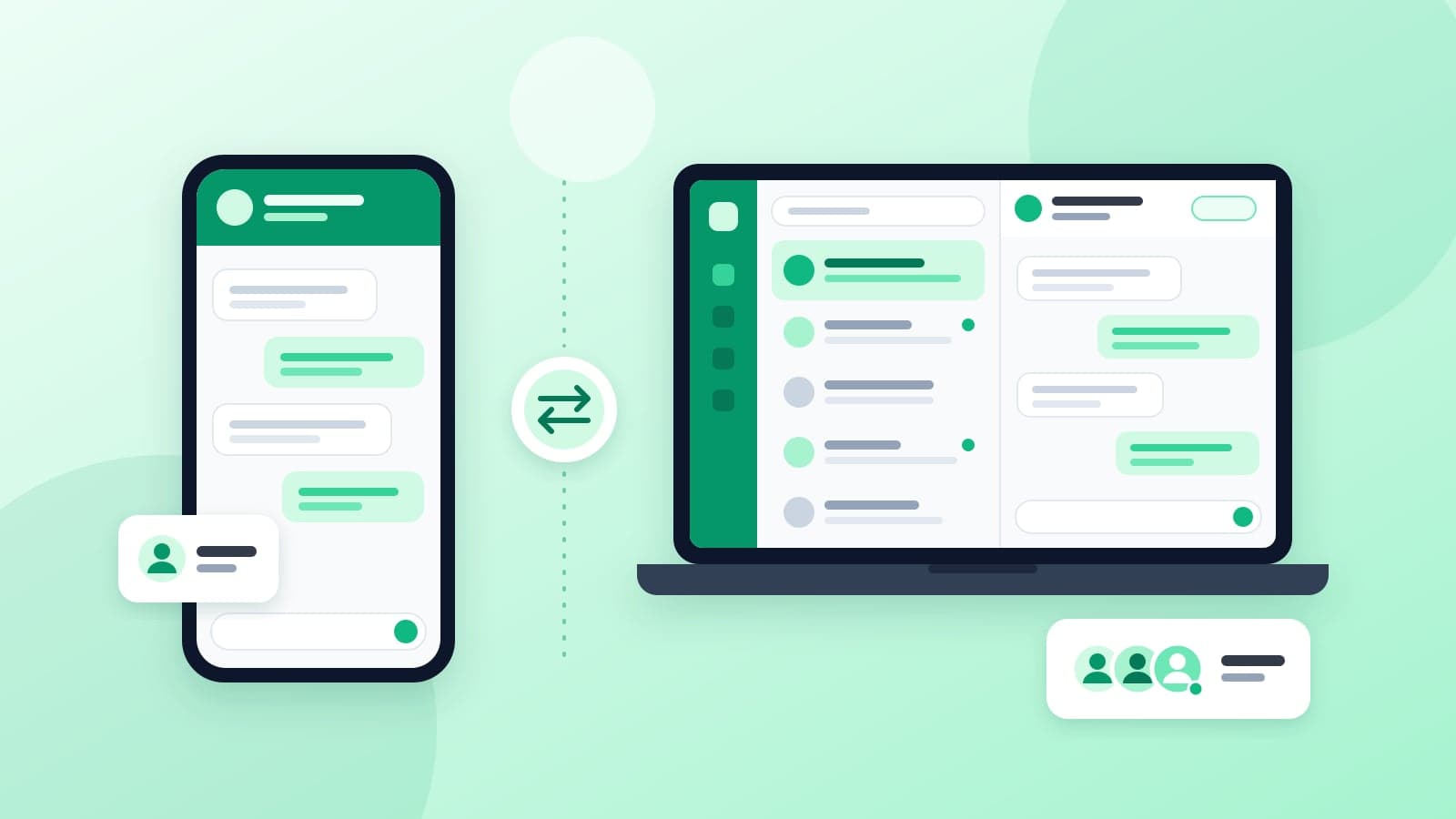 Illustration comparing a single phone chat with a shared team inbox on a laptop