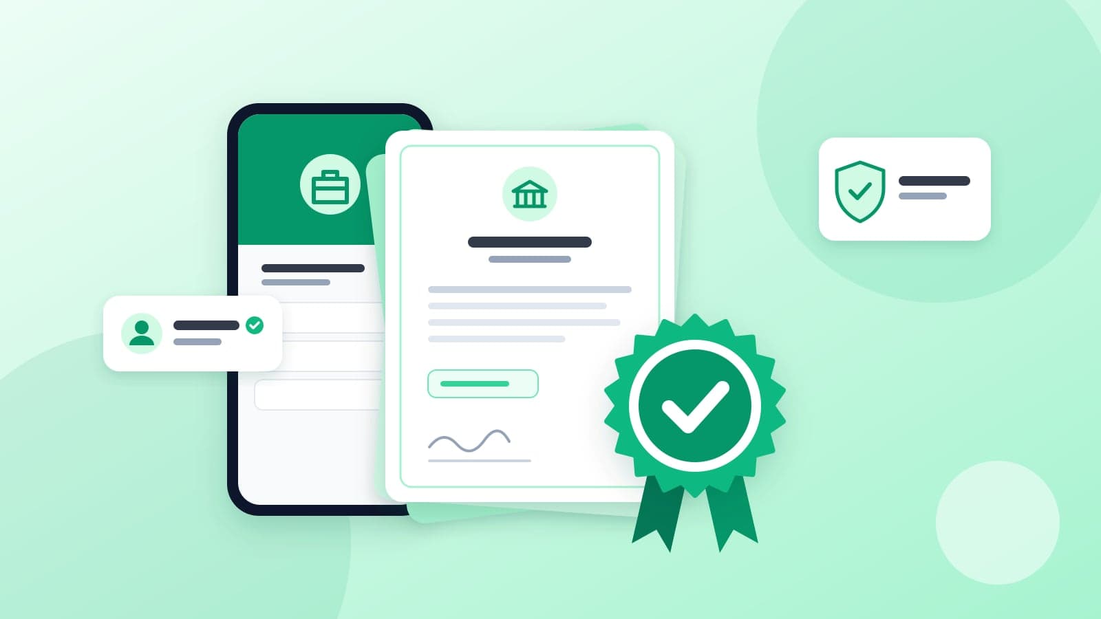 Illustration of business documents with a verified badge and a shield