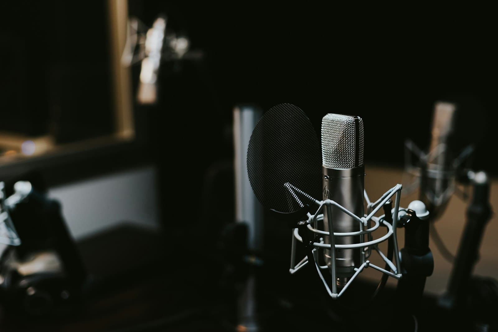 A studio microphone in a shock mount